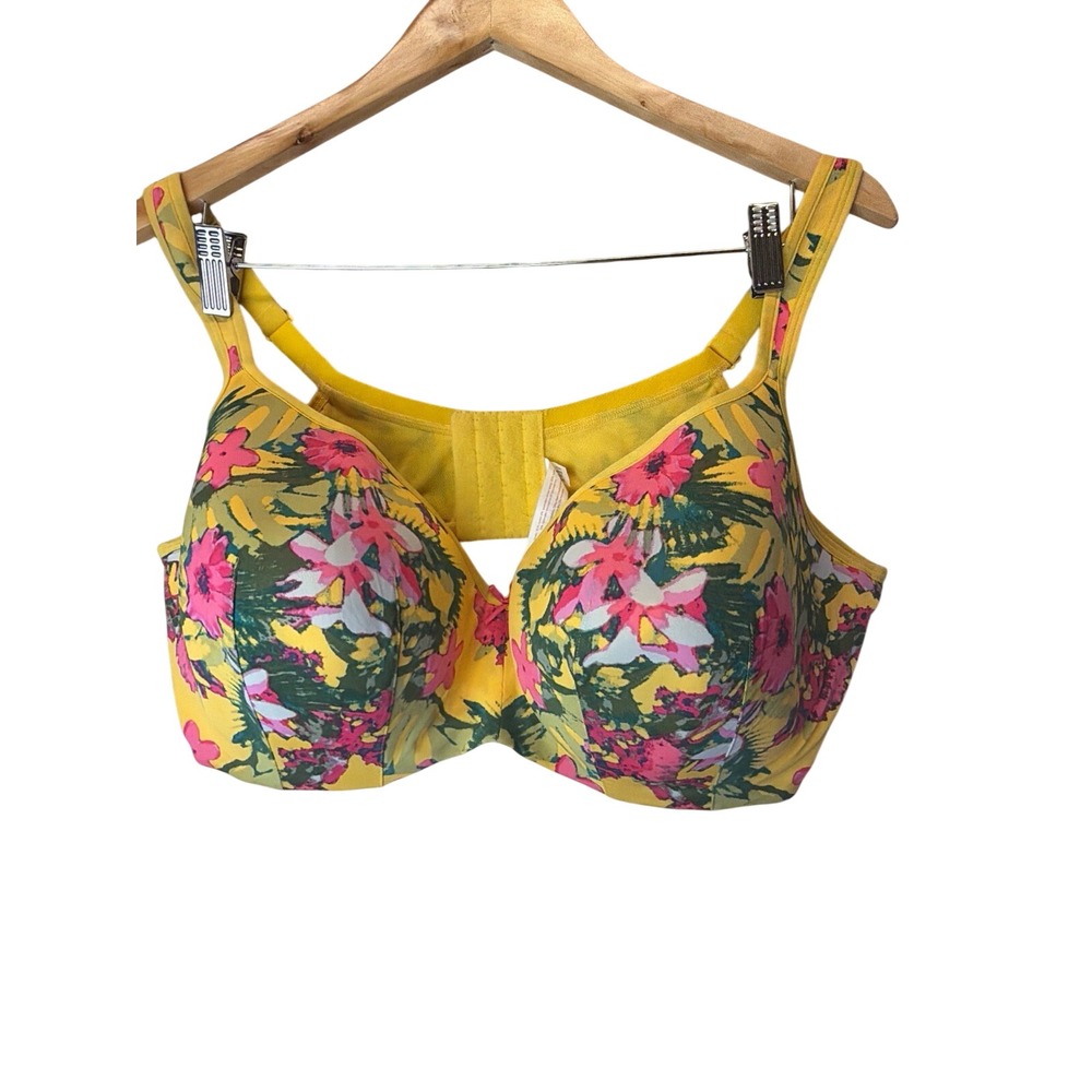 Cacique Smooth Balconette Bra 44DDD Yellow Tropical Floral Underwire Support